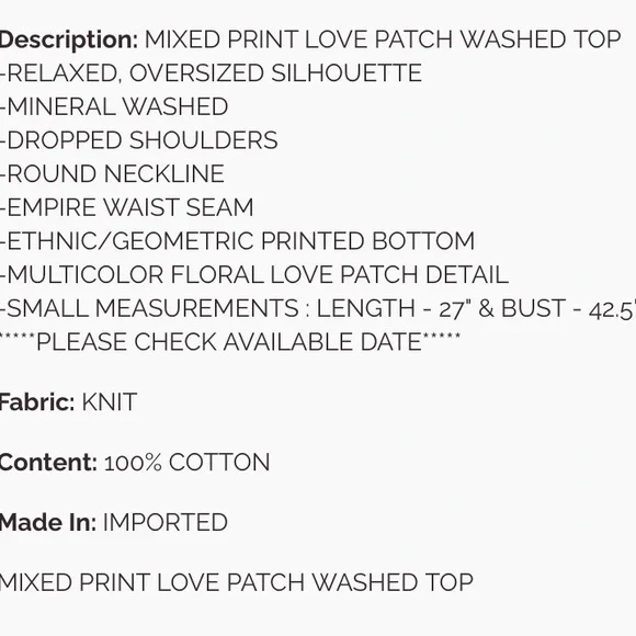332 1 left 🎉EASEL MIXED PRINT LOVE PATCH WASHED TOP - Picture 4 of 5